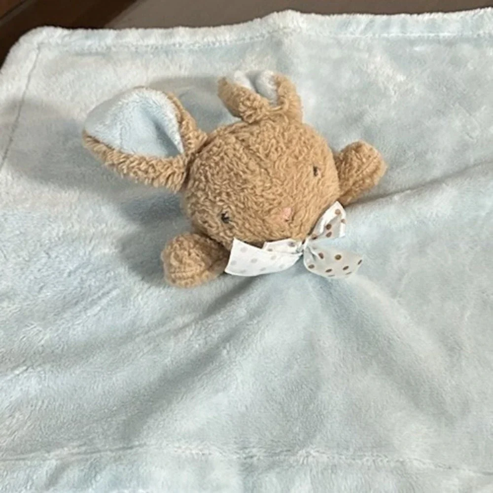 Blue Plush Lovey Bunny Baby Security Blanket w/blue & Brown Polka‎ Dot Bow